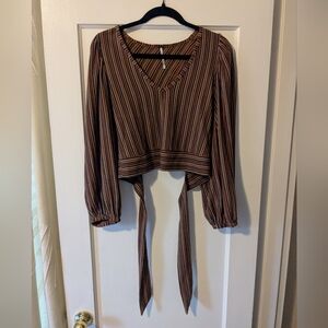 Free People V-Neck Striped Tie-Front Blouse